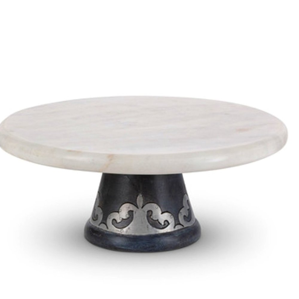 GG Collection Marble Cake Plate on Black Mango Wood Metal Inlay Pedestal NWT